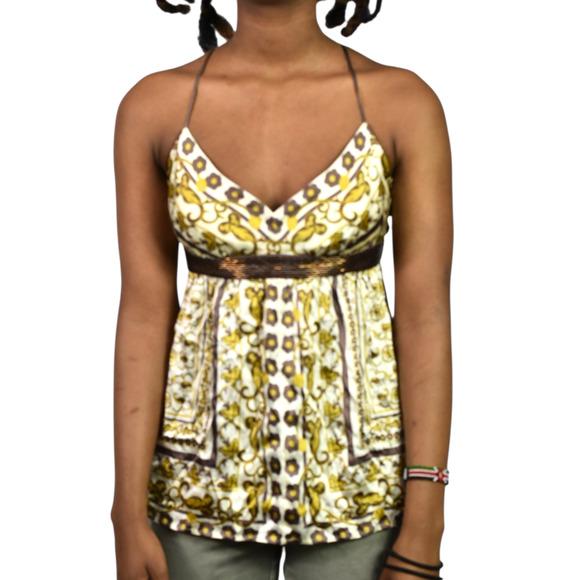 Vintage Arden B Silk Halter Top Brown Silk Beaded Scarf Baroque Print Straps XS - Picture 1 of 12